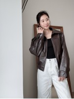 【限時高質款現貨】NPTIL-2786 Dark Brown -chic style faux leather Harrington jacket